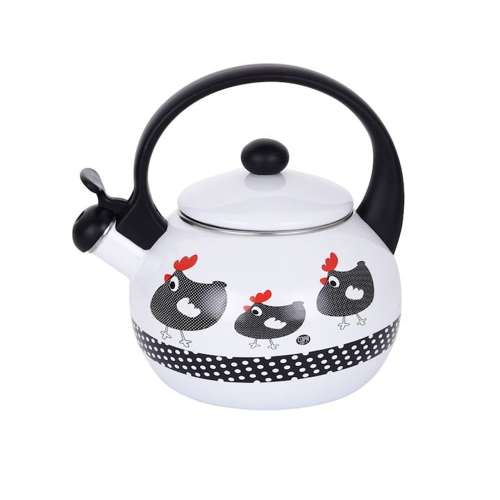 Ibric Engros emaliat, Kamille, din Otel, Model traditional, 2.2 L, Compatibil inductie, Alb / Negru
