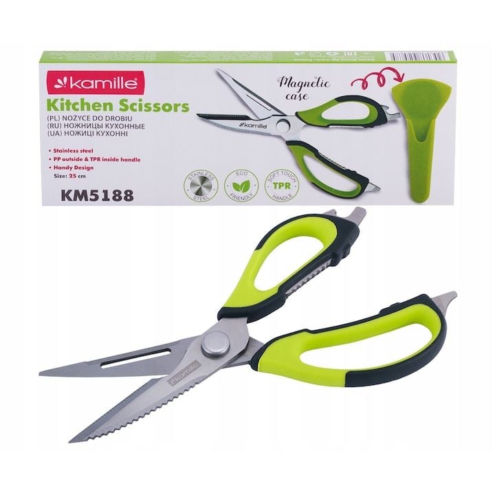 Foarfeca Engros pentru carne si pasari Kamille KM-5188, din inox, cu maner ergonomic cu silicon, 25cm