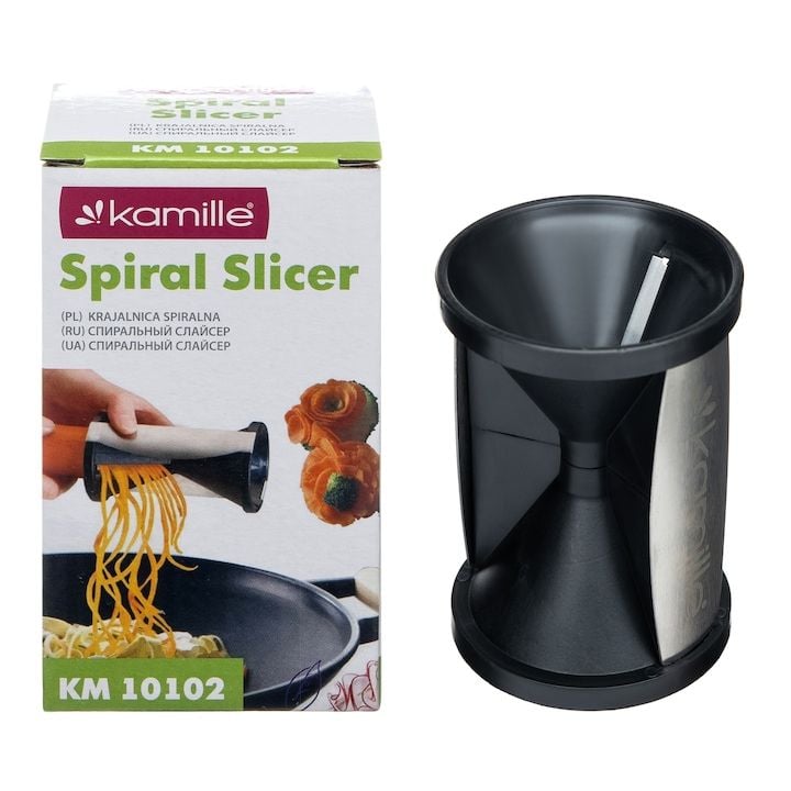 Feliator Engros de legume in spirala Kamille, din plastic, cu lame din otel inoxidabil, 7x11,5cm, negru