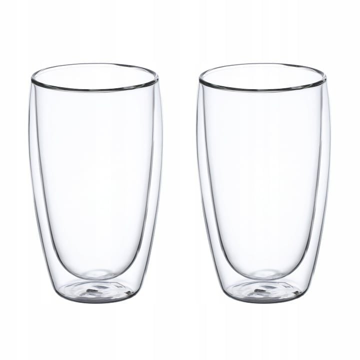 Set Engros de 2 pahare cu pereti dubli pentru cafea, Kamille, Sticla borosilicata, Termoizolante, 450ml, Transparent