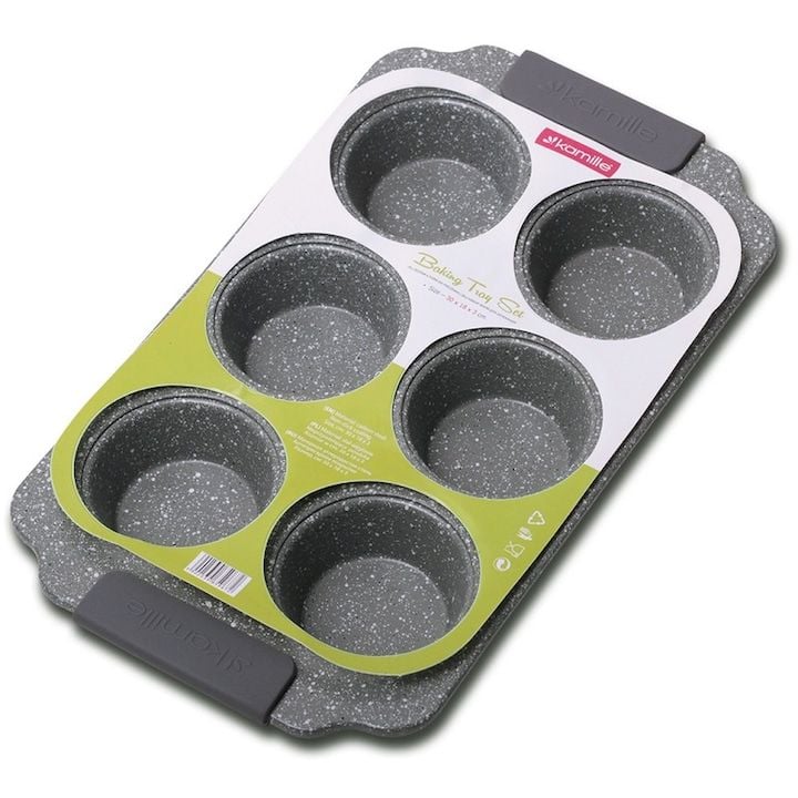 Forma Engros de copt 6 muffine Kamille, din otel carbon, 30x18x3 cm, bej/gri