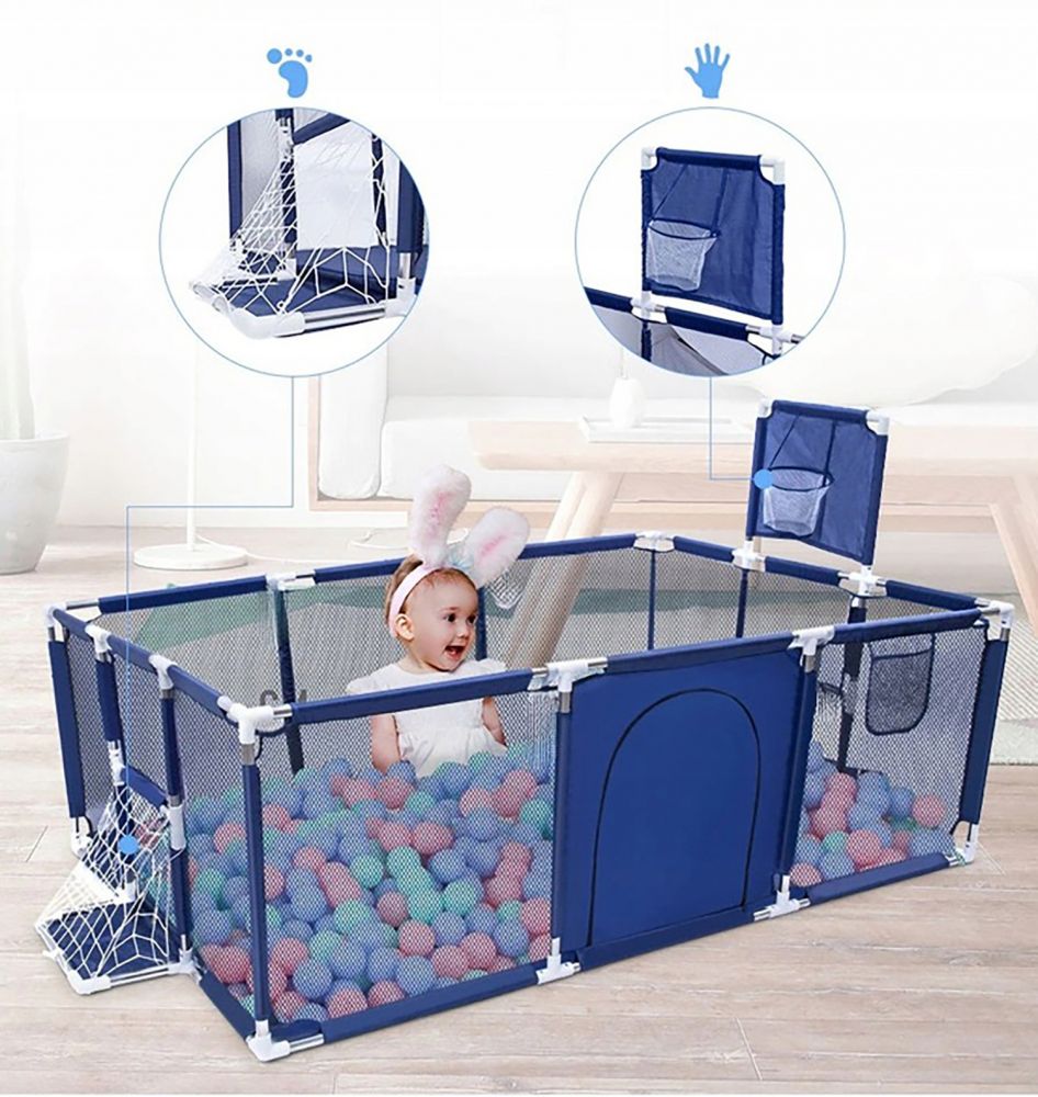 Țarc pentru Bebelusi 180x120x64 cm, Cu 30 de Bile, Mini Coș de Baschet, Poartă de Fotbal, Acces cu Fermoar și Montaj Ușor En-Gros