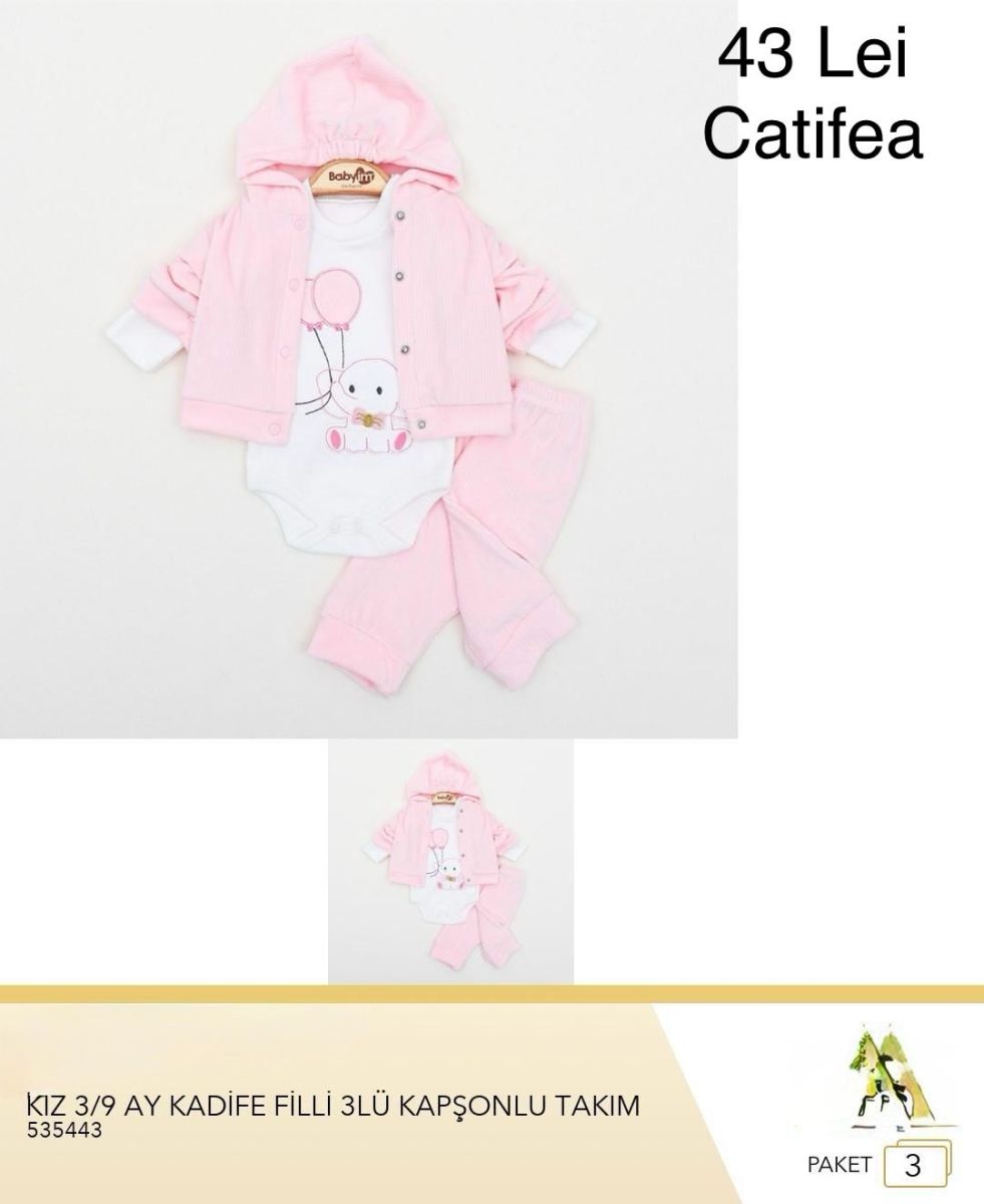 Compleu Engros pentru bebelusi, 3 piese, cu model imprimat, catifea