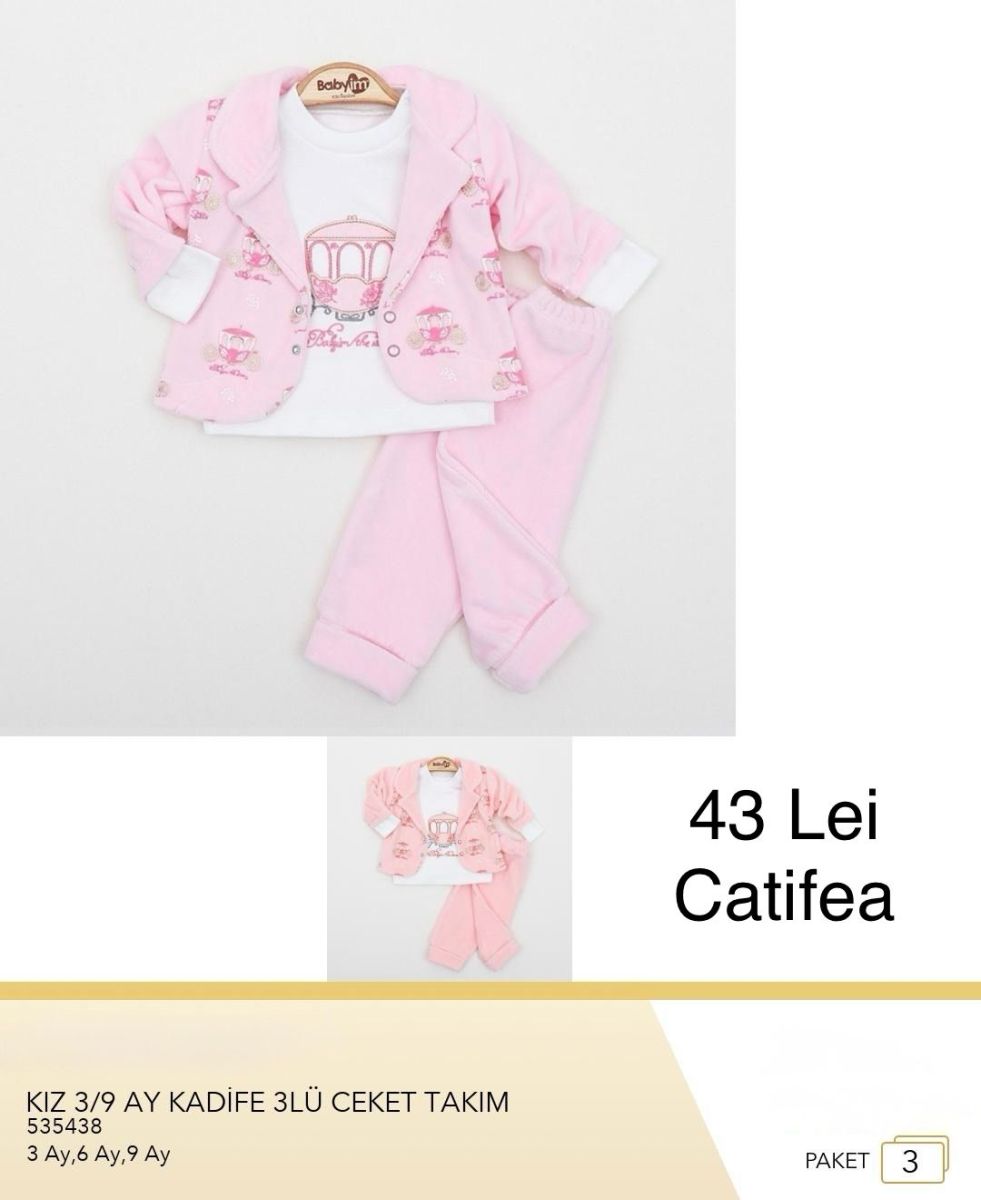 Compleu Engros pentru bebelusi, 3 piese, cu model imprimat, catifea