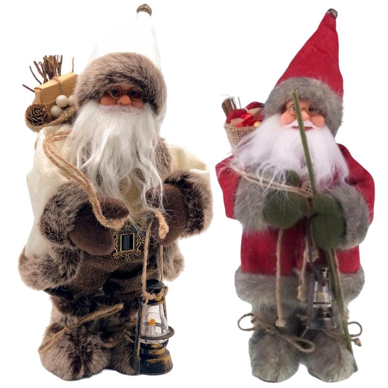 Set 2 Mos Craciun decorativi 35 cm – rosu + crem, stil rustic, cu felinar si sac Engros