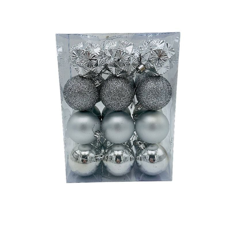 Set 24 globuri de Craciun pentru brad – 23x17.5x11.5cm, nuanta argintiu, finisaj mat/lucios/sclipici Engros
