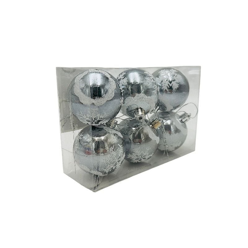 Set 6 globuri de Craciun pentru brad – 17x12x6cm, nuanta argintiu, finisaj lucios/detalii sclipici Engros