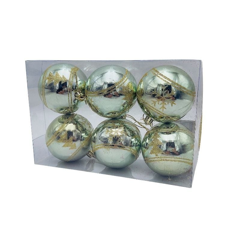 Set 6 globuri de Craciun pentru brad – 23x15x8cm, nuanta verde discret, finisaj lucios/detalii sclipici Engros