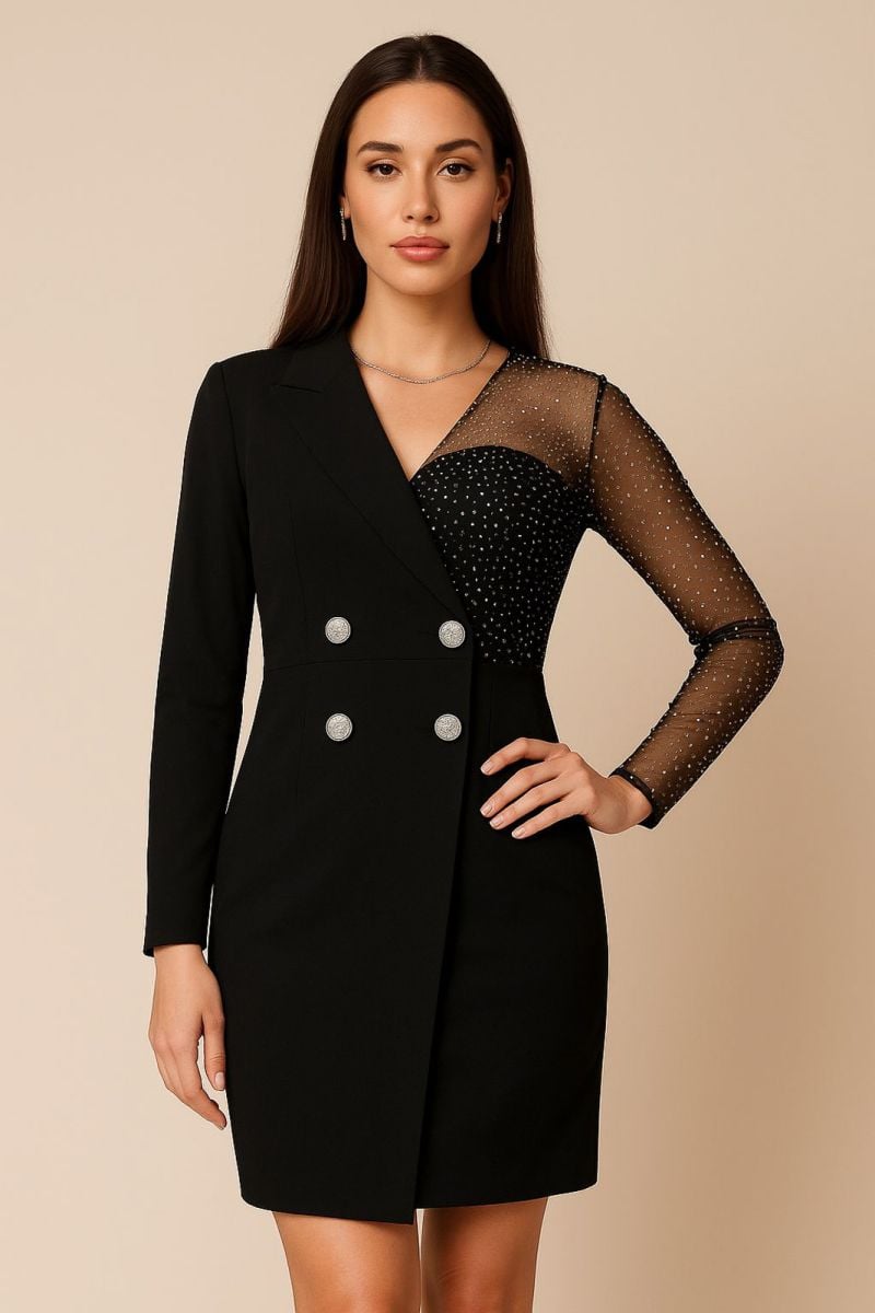 Rochie Sacou SASHA din Stofa si Plasa cu Strasuri
