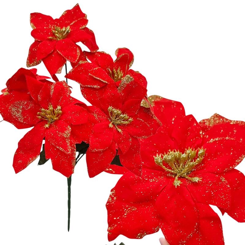 Buchet Craciunita catifelata cu sclipici, engros 30 cm lungime buchet, 15 cm diametru capat