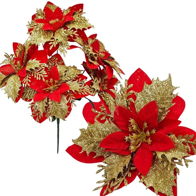 Buchet Craciunita catifelata cu sclipici, engros 30 cm lungime buchet, 14 cm diametru capat