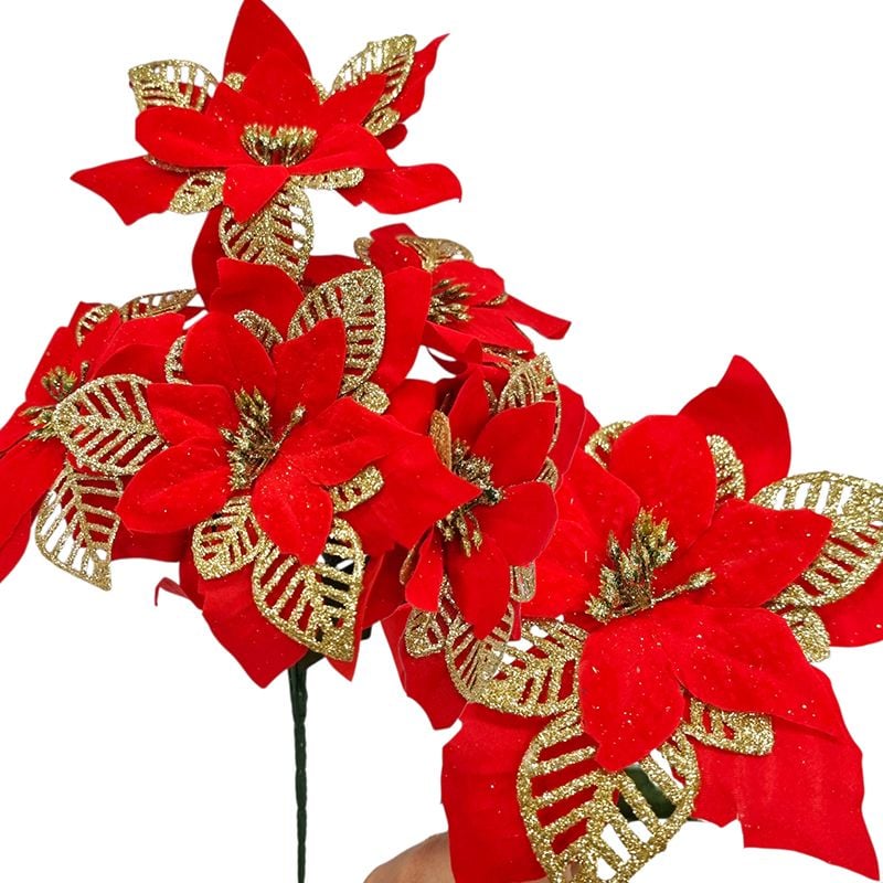 Buchet Craciunita catifelata cu sclipici, engros 30 cm lungime buchet, 15 cm diametru capat