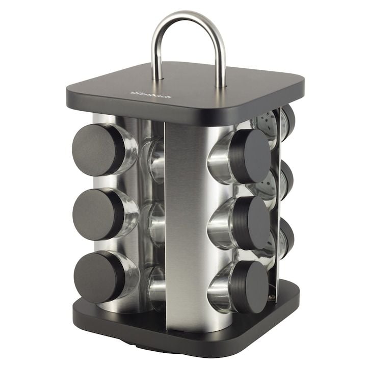 Set Engros de suport rotativ pentru condimente, Ofenbach, 12 recipiente, din inox si sticla, negru/argintiu