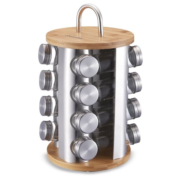 Set Engros de Recipiente cu suport pentru condimente, Kamille, din Inox / Bambus, 40 cm, Maro / Argintiu