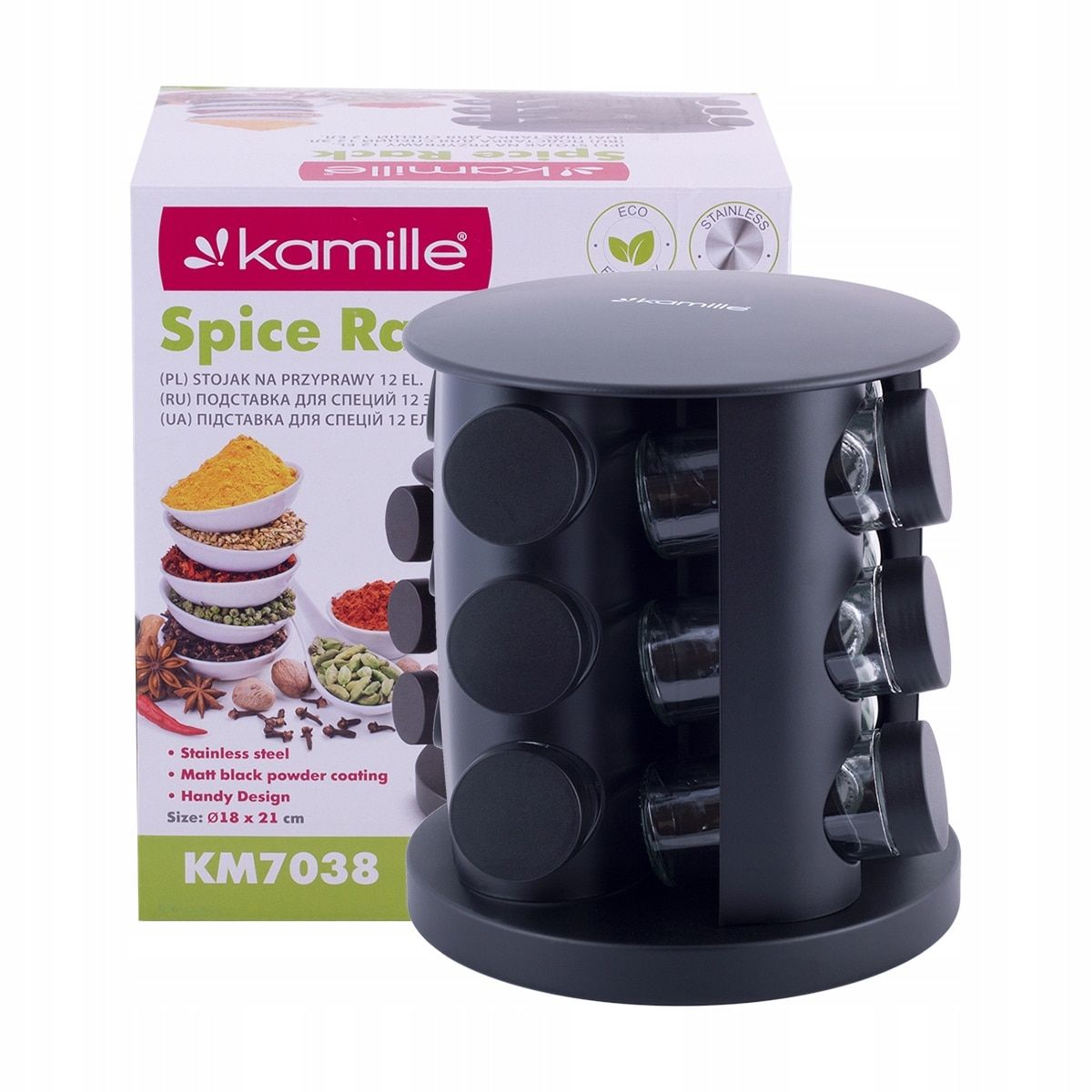 Set Engros de suport cu 12 recipiente condimente, Kamille, din Inox, Rotativ, 18x21cm, Negru/Transparent