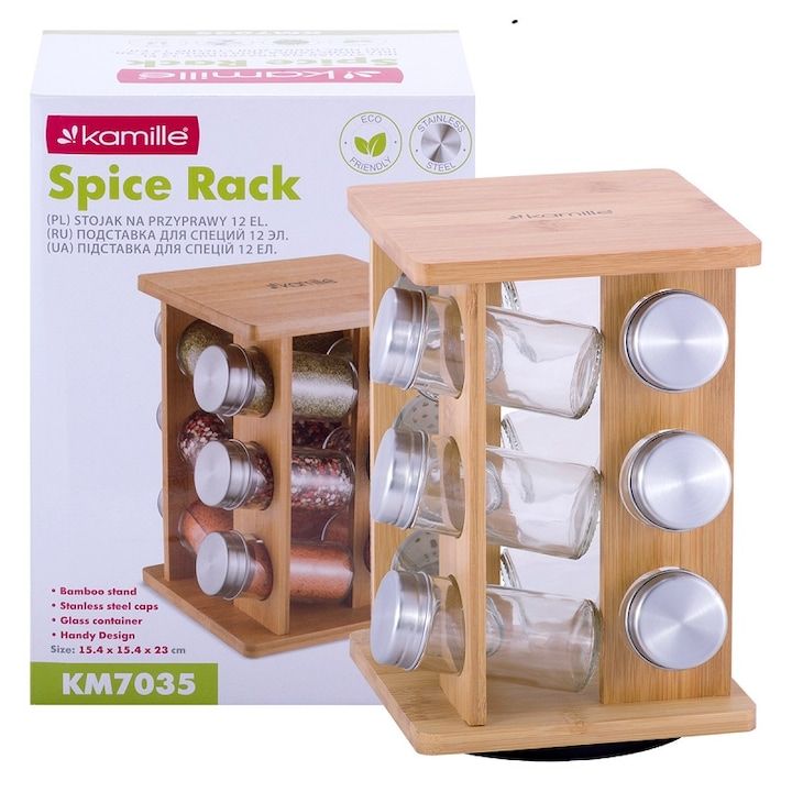 Set Engros de suport rotativ pentru condimente Kamille, 12 recipiente, inox, 15,5x15,5x22,4cm