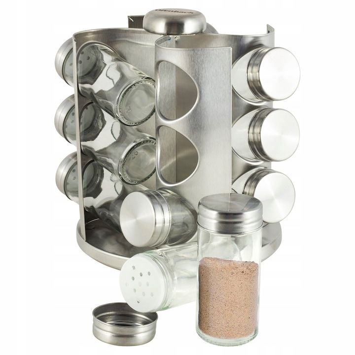 Set Engros de suport rotativ + 12 recipiente pentru condimente, Ofenbach, din sticla/inox, 17,3x17,3x20,3cm, argintiu/transparent