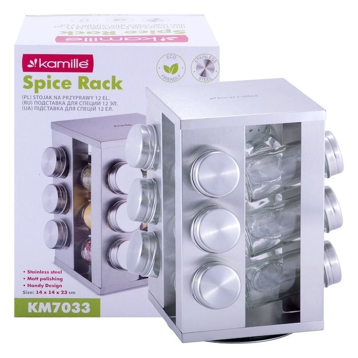 Set Engros de suport rotativ cu 12 recipiente condimente, Kamille, din Inox, 14 x 14 x 23 cm, Argintiu
