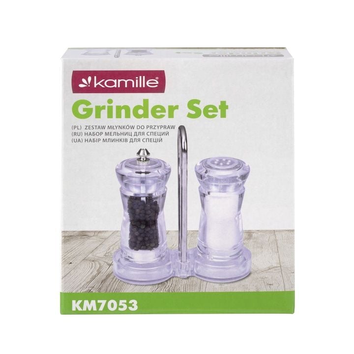 Set Engros de solnita si rasnita piper Kamille KM-7053, din sticla si inox, 14x16.5cm, 5.5x13cm, 5.5x12cm