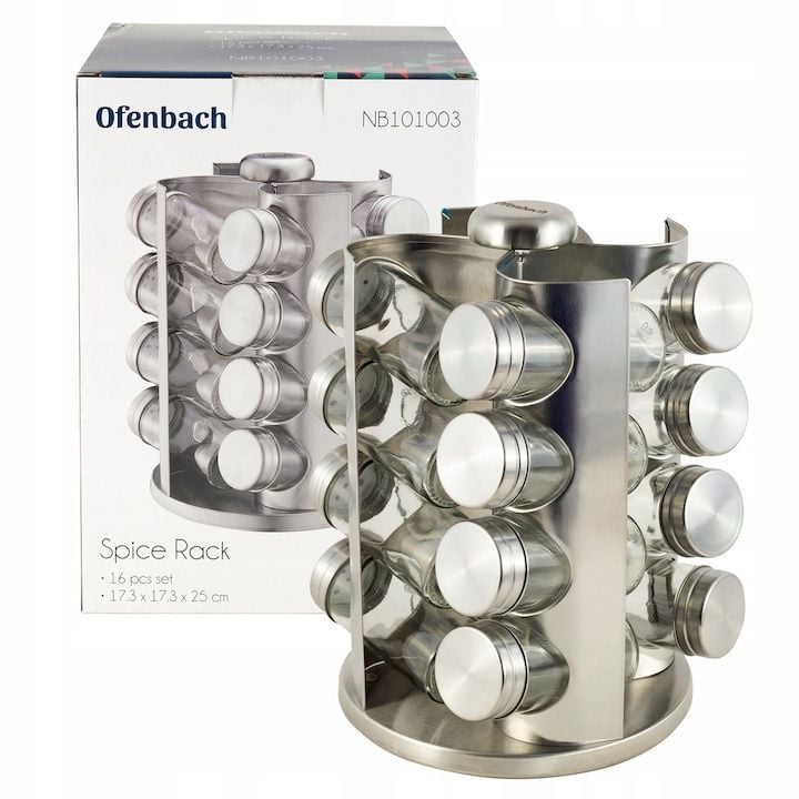 Raft Engros rotativ pentru condimente 16 borcane, Ofenbach, din inox, argintiu,17,3x17,3x25cm