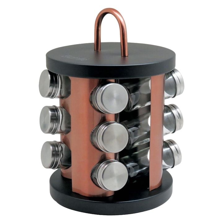 Set Engros de suport rotativ pentru condimente + 12 recipiente, Kamille, Inox / Sticla, 17 x 26 cm, Multicolor