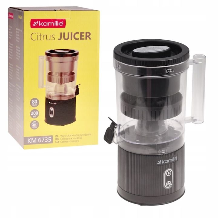 Storcator Engros de citrice electric Kamille KM-6735, 80W, fara fir, incarcare USB, capacitate 200ml