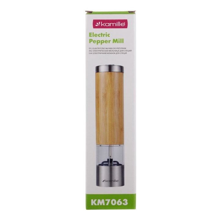 Rasnita Engros electrica Kamille KM-7063, din inox si bambus, transparenta, 5x21.5cm