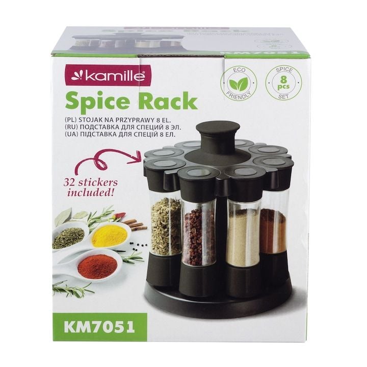 Suport Engros rotativ pentru condimente, din plastic, 8 recipiente, transparent/negru