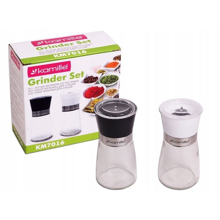 Set Engros de 2 rasnite condimente Kamille, din inox si sticla, 6.5x13.5cm