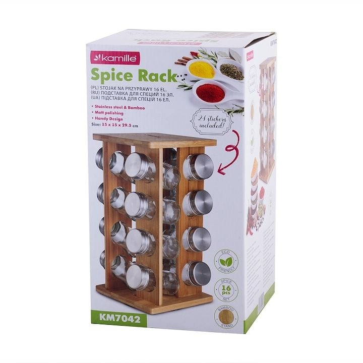 Set Engros de suport rotativ pentru condimente + 16 recipiente, Kamille, din Bambus / Sticla, 15 x 15 x 29.5 cm, Maro / Transparent