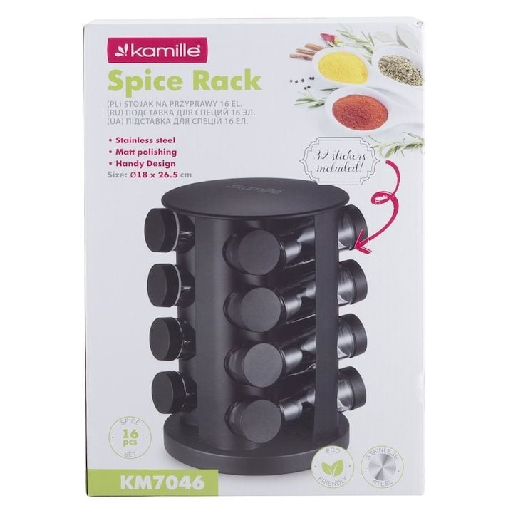 Suport Engros rotativ pentru condimente, Kamille, 16 recipiente, din inox, negru