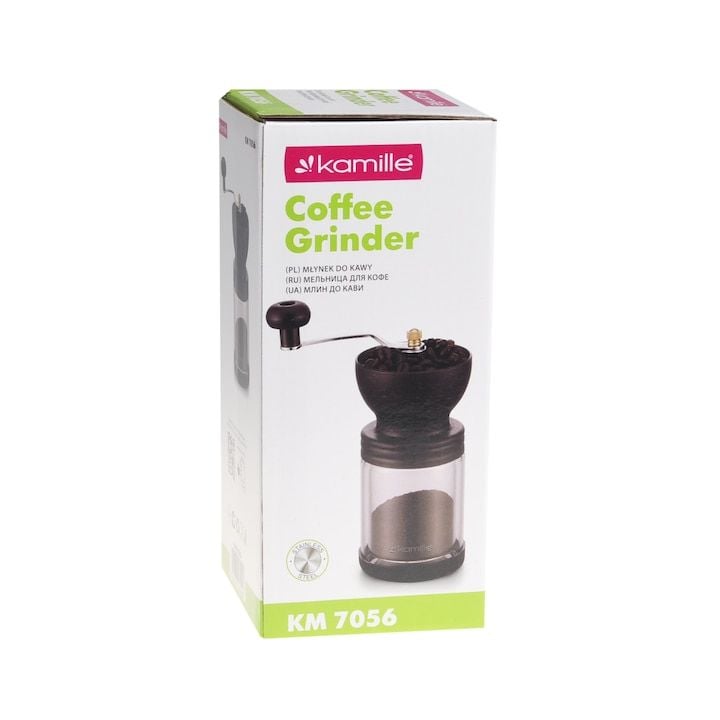 Rasnita Engros manuala pentru cafea si condimente, Kamille, din Plastic / Sticla, Maner detasabil, Capacitate 220 g, Transparent / Negru