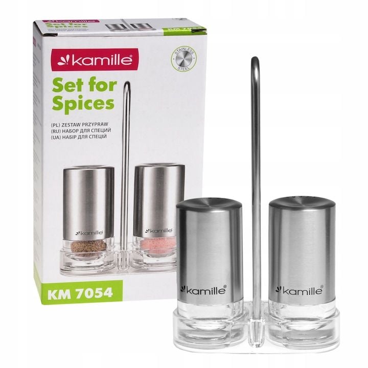 Set Engros cu solnita si pipernita pe suport Kamille KM-7054, din sticla si inox, 4x8cm, suport 17cm