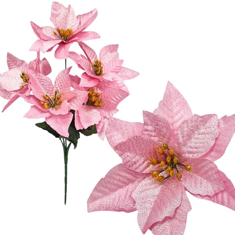 Buchet Craciunita textila, engros 5 fire cu 5 capete 13 cm diametru capat 30 cm lungime buchet