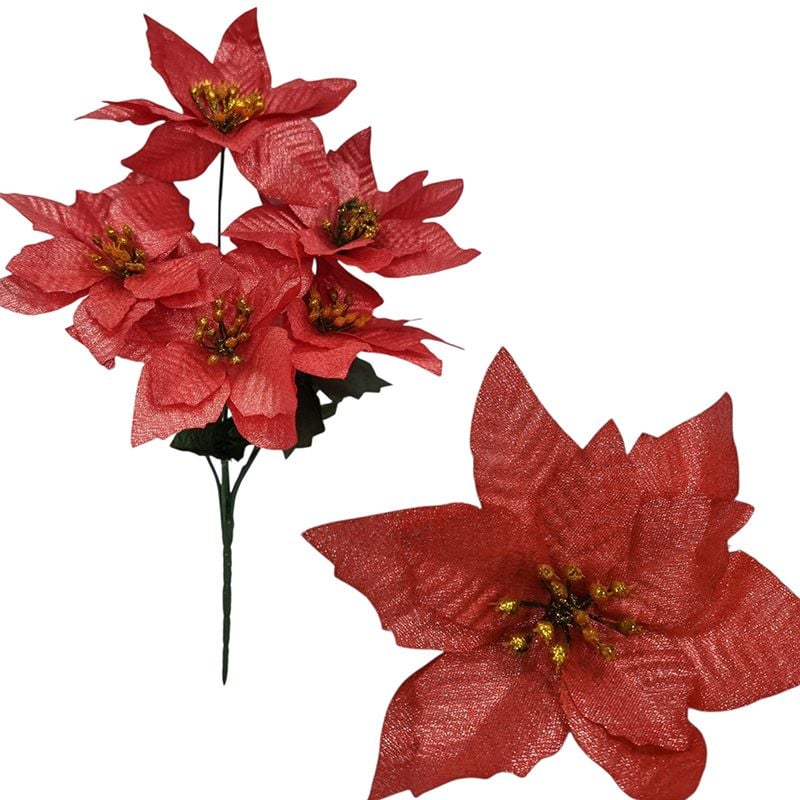 Buchet Craciunita textila, engros 5 fire cu 5 capete 13 cm diametru capat 30 cm lungime buchet