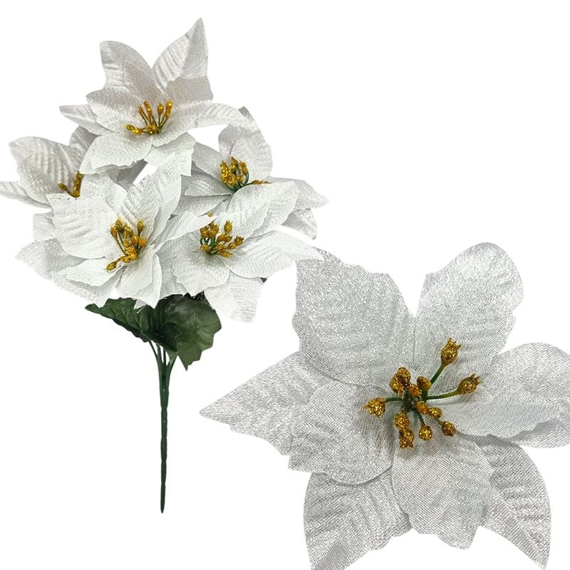 Buchet Craciunita textila, engros 5 fire cu 5 capete 13 cm diametru capat 30 cm lungime buchet
