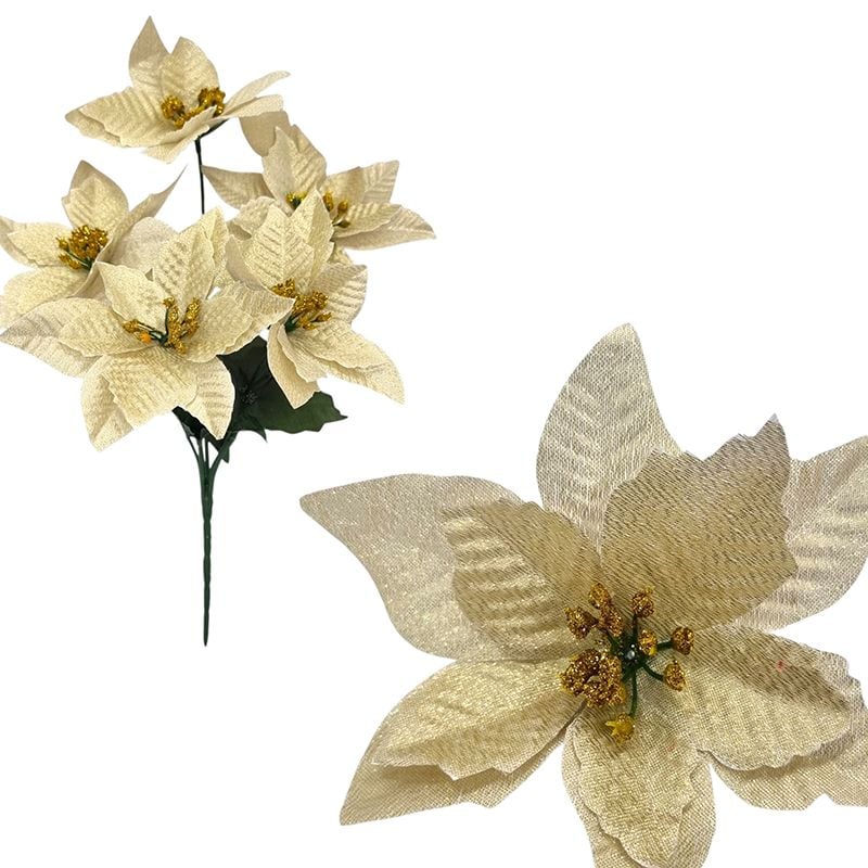 Buchet Craciunita textila, engros 5 fire cu 5 capete 13 cm diametru capat 30 cm lungime buchet