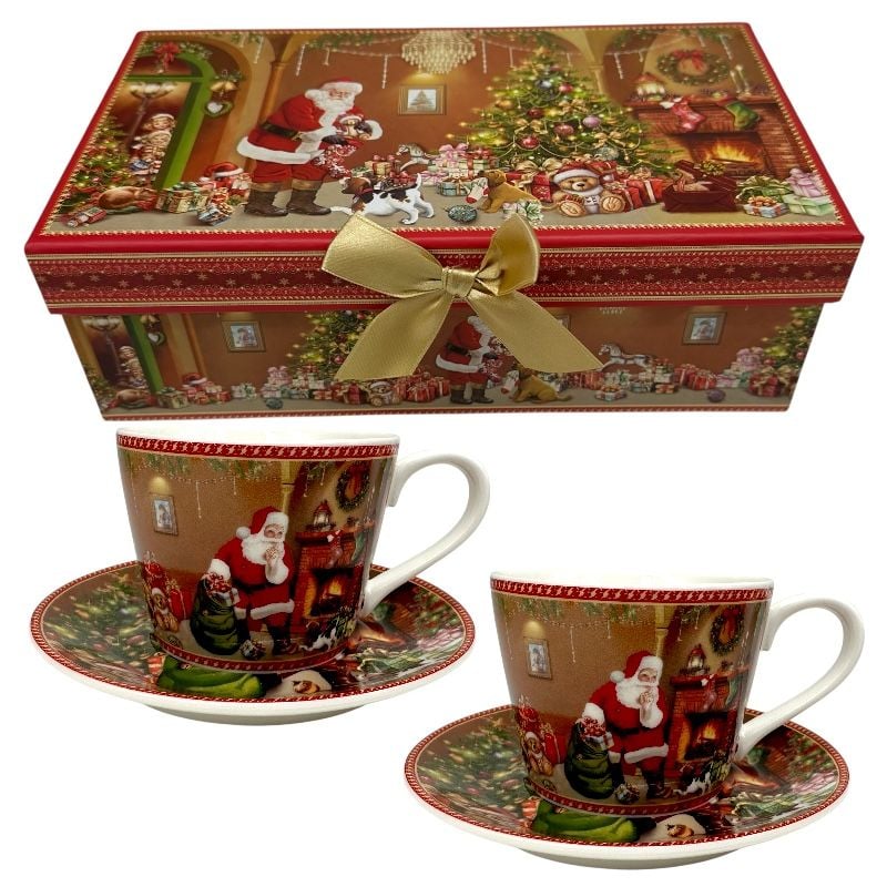 Cadou de Crăciun –2 cești de cafea din ceramică cu farfurioare în cutie festivă 23.5×13×8 cm, en-gros