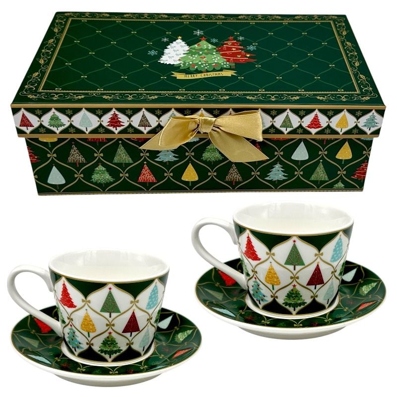 Cadou de Crăciun –2 cești de cafea din ceramică cu farfurioare în cutie festivă verde 23.5×13×8 cm, en-gros