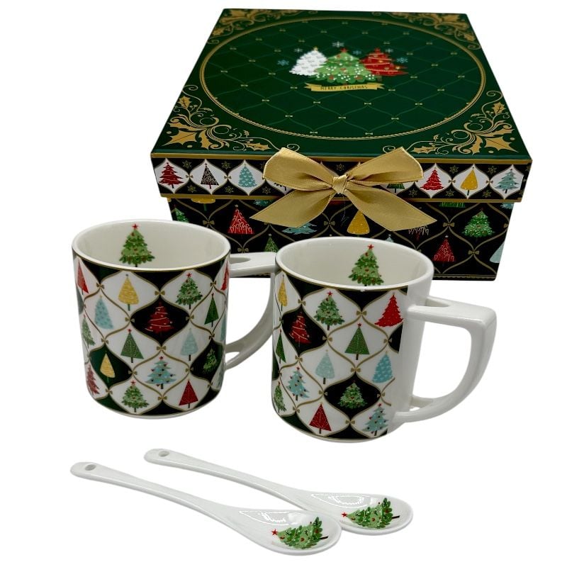 Cadou de Crăciun – 2 cești din ceramică cu lingurițe din ceramică în cutie festivă verde 18×20×8 cm, en-gros
