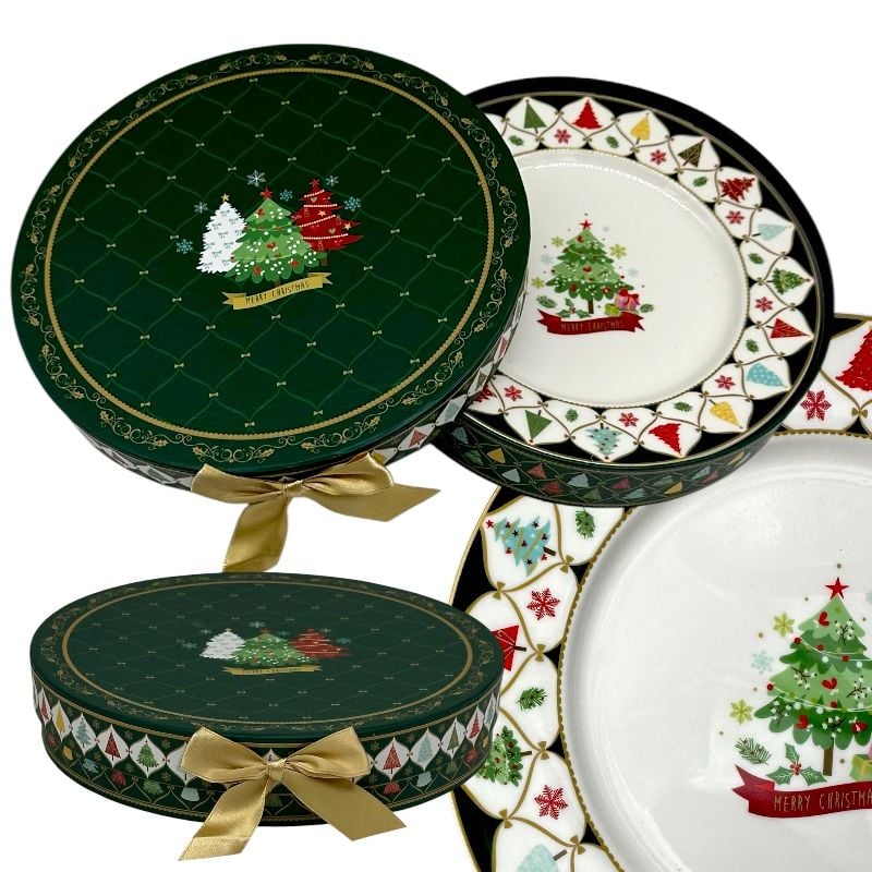 Cadou de Crăciun – 2 farfurii ceramice în cutie festivă verde, d 25, h 4cm, en-gros