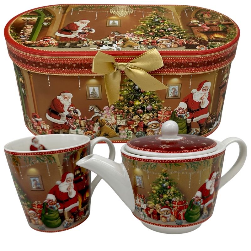 Cadou de Crăciun – Ceainic și ceașcă de ceai din ceramică în cutie festivă 25×12.5×11.5 cm, en-gros