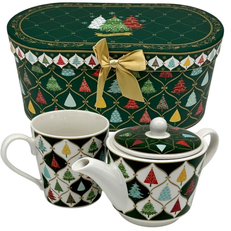 Cadou de Crăciun – Ceainic și ceașcă de ceai din ceramică în cutie festivă verde, 25×12.5×11.5 cm, en-gros