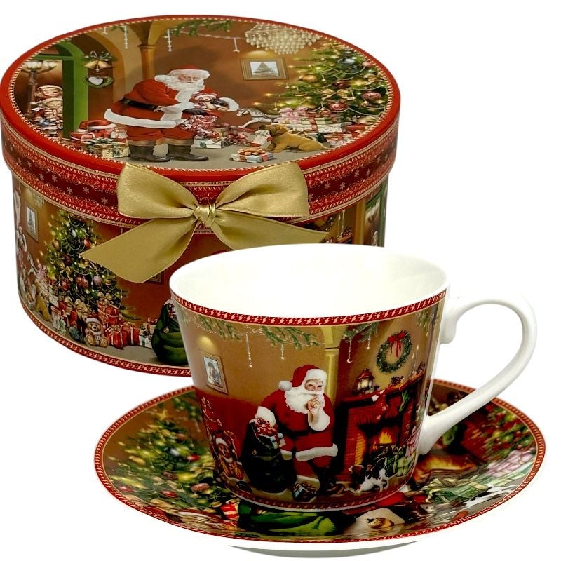 Cadou de Crăciun – Ceașcă ceramică cu farfurioară în cutie festivă d 16cm,h 9cm, en-gros