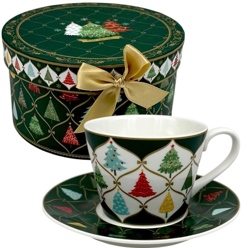 Cadou de Crăciun – Ceașcă ceramică cu farfurioară în cutie festivă verde,d 16cm,h 9cm, en-gros