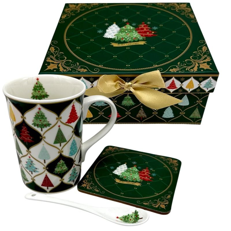 Cadou de Crăciun – Ceașcă ceramică de ceai cu suport și linguriță în cutie festivă verde 17.5×16×8 cm, en-gros