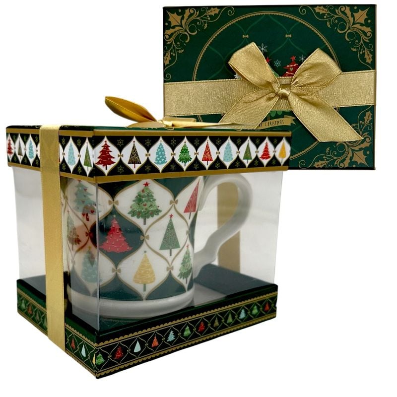 Cadou de Crăciun – Ceașcă ceramică de ceai în cutie festivă verde 10×13×11.5 cm, en-gros