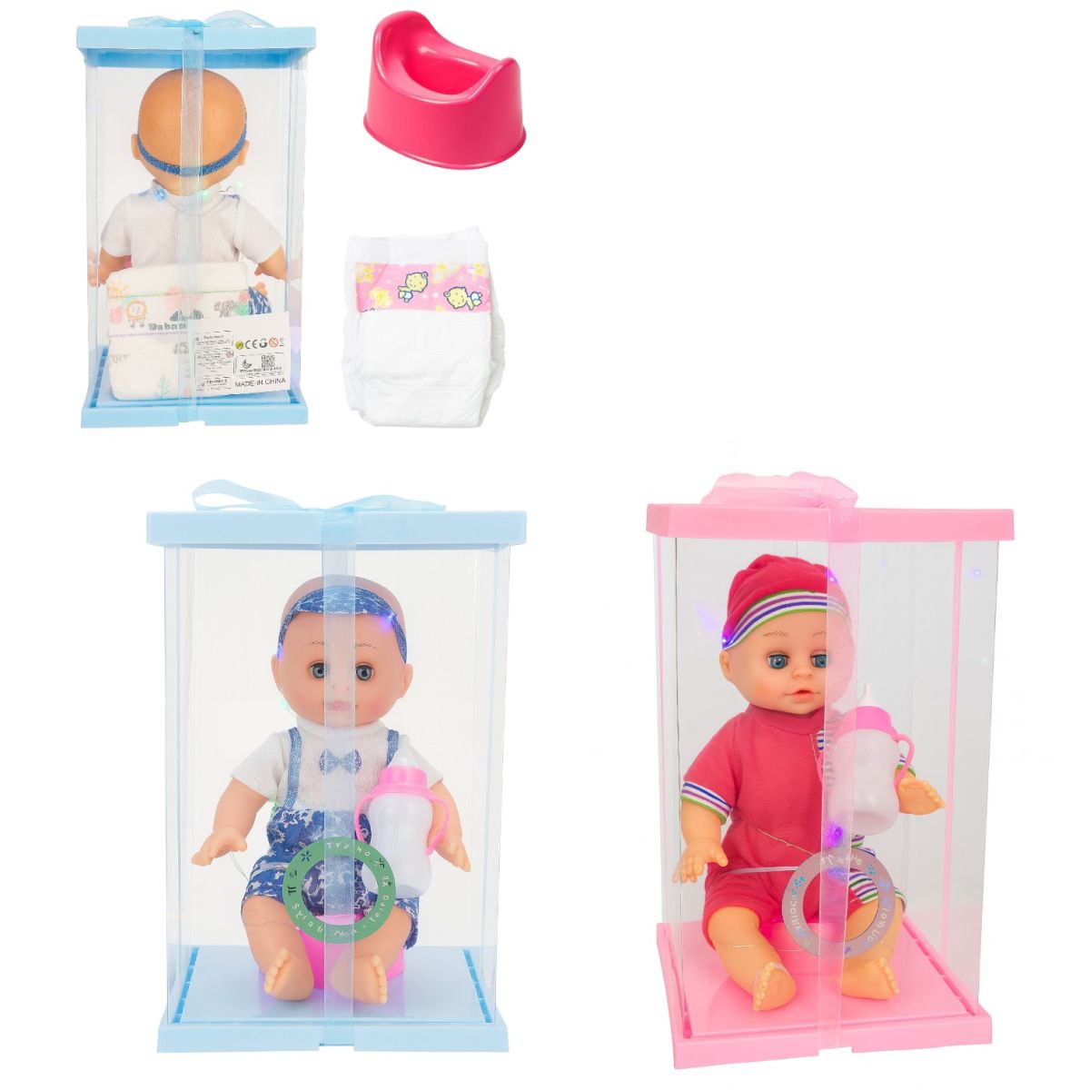 Păpușa Bebeluș 30cm, cu Funcție de Pipi și Lumini LED, în Cutie Transparentă cu Biberon, Scutec și Oliță, Diferite Modele Engros
