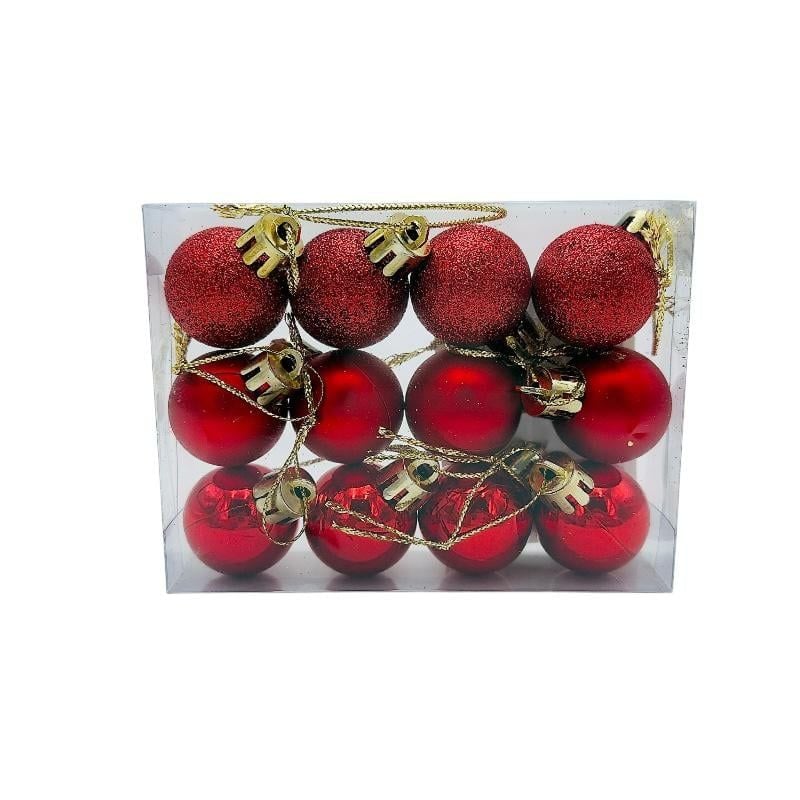Set 12 globuri de Craciun pentru brad – 11x9x3cm, nuanta rosu intens, finisaj lucios/satinat/ sclipici Engros