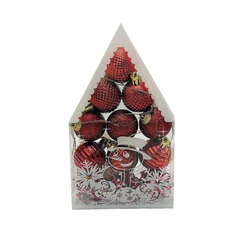 Set 12 globuri de Craciun pentru brad –20x12x4cm, nuanta rosu, ambalaj in forma de casuta, finisaj lucios/satinat/ sclipici Engros